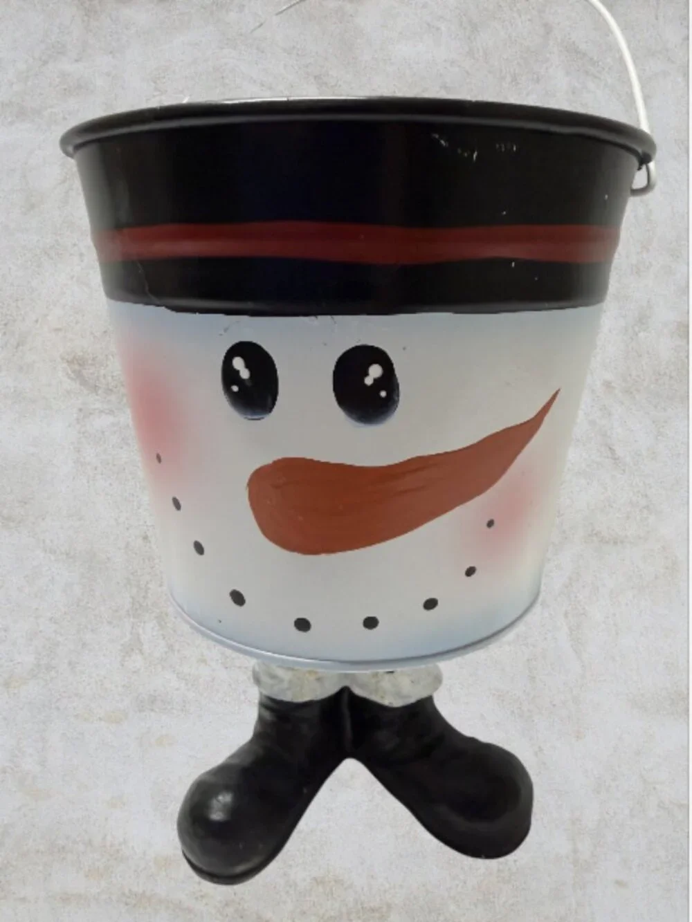 SNOWMAN BUCKET -- Small Bucket on Legs, Painted Face, Spring Makes Wobble Effect